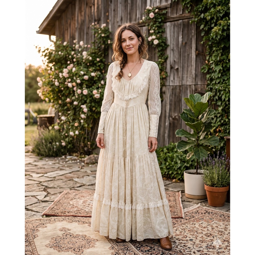 Vintage Gunne Sax Lace Voile Prairie Maxi Dress Cream Paisley 70s Boho Wedding